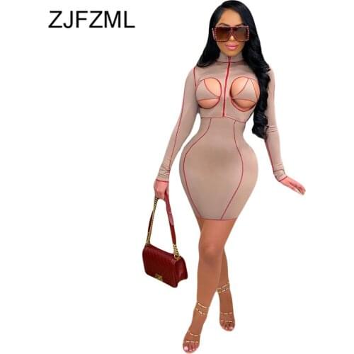 Hollow Striped Patchwork Sexy Bandage Dress 2021 Trendy Women Turtleneck Long Sleeve Pencil Dress Fashion Party Clubwear Dress
