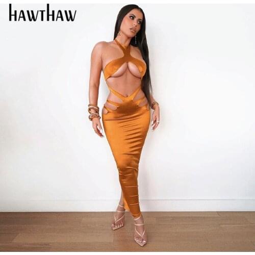 Hawthaw Women Sexy Summer Autumn Sleeveless Halter Hollow Out Bodycon Party Club Long Dress 2021 Fall Clothes Wholesale Items