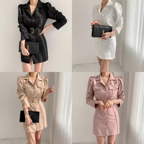 Early spring French socialite small lapel straight breasted square buckle belt slim long sleeve windbreaker dress woman