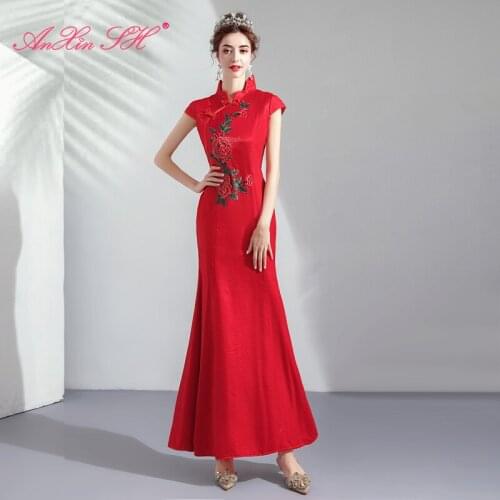 AXJFU flower embroidery red mermaid evening dress bride high neck Chinese style dinner red trumpet evening dress 1880