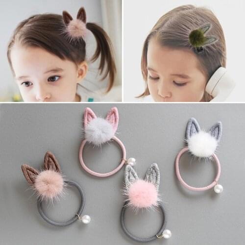 1pcs Fake Rabbit Elastic Hair Ball Cute Hair Band Girls Cat Ear Pompom Hair String Girls Gift Cute Girls Hair Accessories
