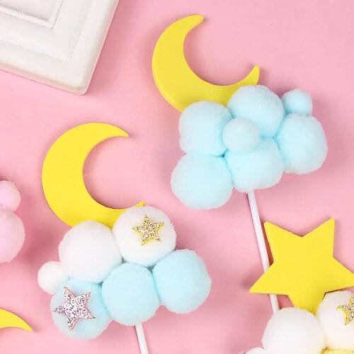 2pcs Hot Cute Star Moon Hairball Cake Topper Solid Color Happy Birthday Flags Wedding Anniversary Dessert Topper Party Supplies