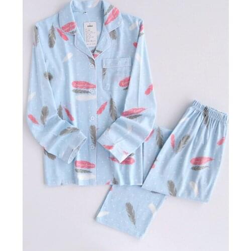2018 New Spring Pajamas Combed Cotton pyjamas Women full sleeve feather printed Pijamas 2 pieces Sleepwear Lounge home clothing