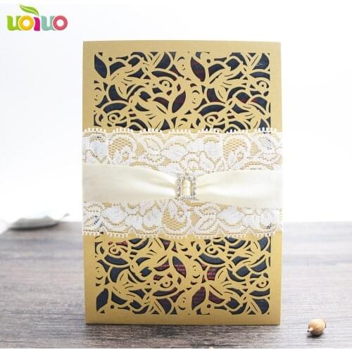 DIY 25set customize inc143 laser cut wedding invitation card chamagne,tied bow white,big rhinestone,printing card,envelope seal