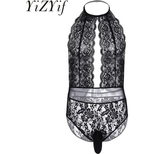 YiZYiF Men Sissy Pouch Bodysuit One-Piece Floral Lace Crossdress Lingerie Halter Neck Sleeveless Backless Cut Out Front Bodysuit