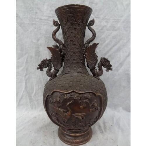 Fast shipping USPS to USA S1192 15" Chinese Bronze Dragon Phoenix Head Statue Wealth Coin Crane Flower Pot Vase