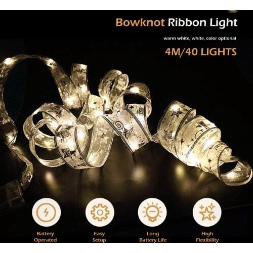 Wedding Home Indoor Decoration Fairy String Light Waterproof 40 LED Copper Wire Ribbon Bows for Christmas Tree