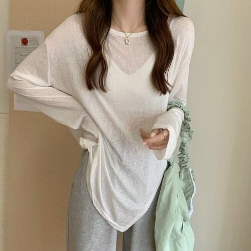 Solid Color Simple Long Sleeve Sunscreen T-shirt Womens Summer Autumn 2021 Fashion Medium Length Loose Thin Split Casual Top