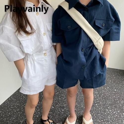 2021 Korean Style New Summer Girls Boys 2-pcs Sets Denim Shirts Top+Elastic Waist Shorts Children Outfit Preschool Clothing E627