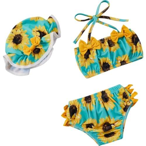 Newborn Girls Flower Print Set Sleeveless Crop Tops, Short Pants and Hat 3 Piece Swimsuit