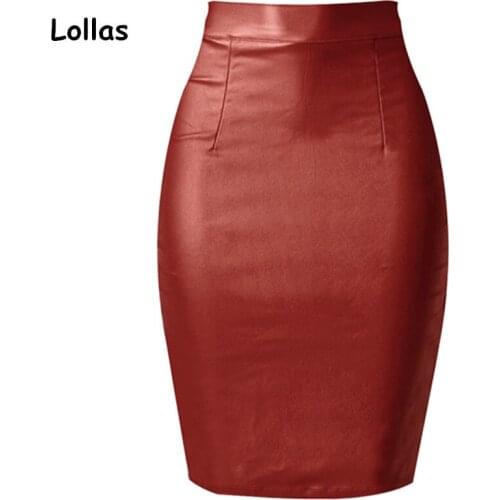 Lollas Brand New Imitation Leather Skirt High Waist Sexy Slim Women Elastic Knee Length Pencil Skirt