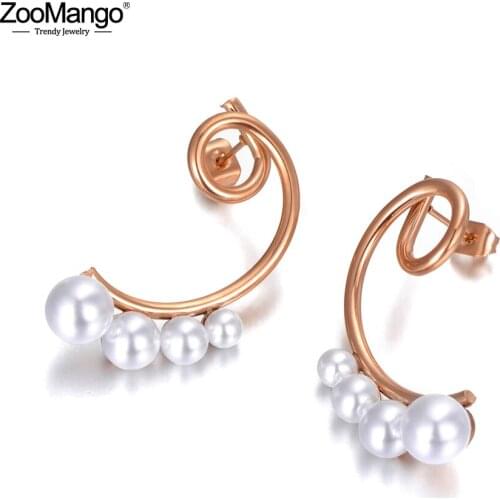ZooMango Trendy Stainless Steel Geometric Irregular White Pearl Earrings Rose Gold Bohemia Party Earrings For Women Girl ZE20065