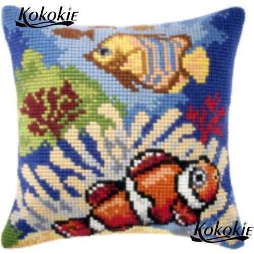 Handmade embroider Needlework kits knitting needles kit pillowcase ocean fish cross stitch decorative pillow kits 3d mat sets