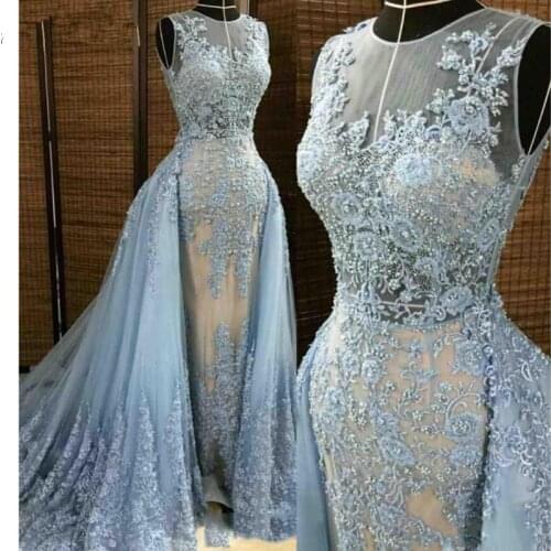 Sky Blue Evening Dresses Mermaid Tulle Lace Pearls Detachable Elegant Islamic Dubai Kaftan Saudi Arabic Long Evening Gown
