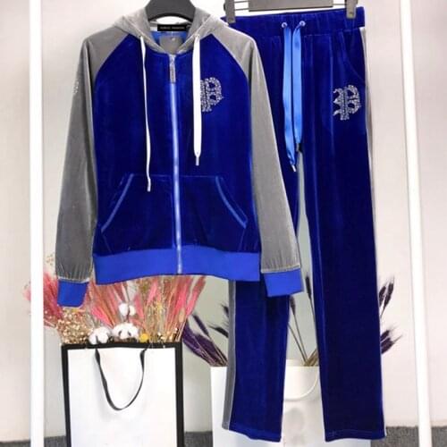 Fall 2021 new womens cardigan, gold velvet and diamond set, matching color patchwork long sleeve pants sportwear