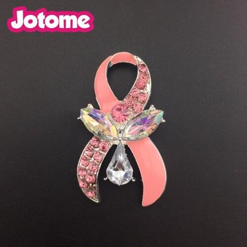 Wholesale 50/100pcs/lot 50mm Enamel Rhinestone Acrylic Pink Ribbon Breast Cancer Awareness Brooch Pin