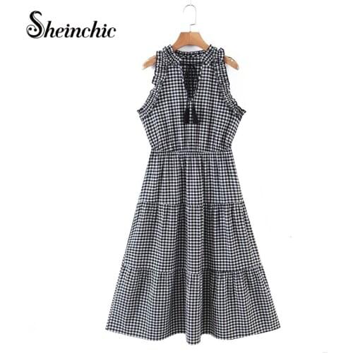 White Black Plaid Dress 2021 Sleeveless Summer Womens Casual Midi Dresses Elegant Female Ins Fashion Clothing