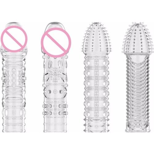 4 Types Silicone Reusable Condoms Time Delay Crystal Penis Rings Male Penis Extension Condom Cock Sleeves Adult Sex Toys for Men