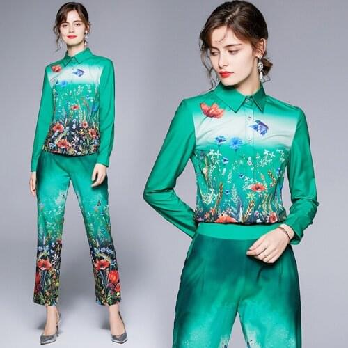 Dropship Spring Summer Fall Runway 2 Piece Womens Set Retro Vintage Print Collar Long Sleeve Top Shirt Blouse Pant Suits Outfits