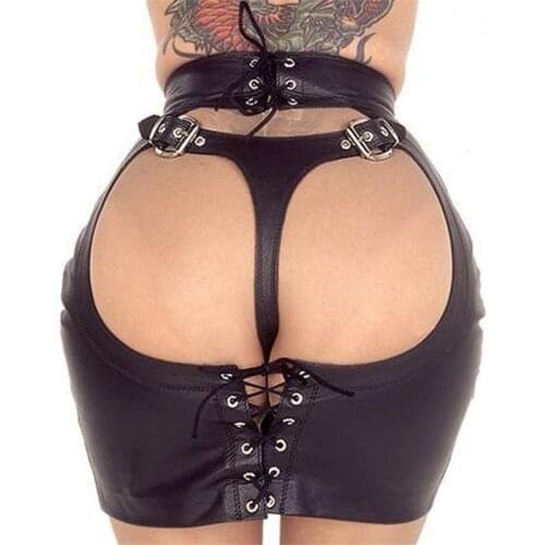 Adjustable PU Leather Black Sexy Party Club Skirt Fashion Gothic Bandage Skirt Slim Bodycon Clubwear Short Spanking Skirt