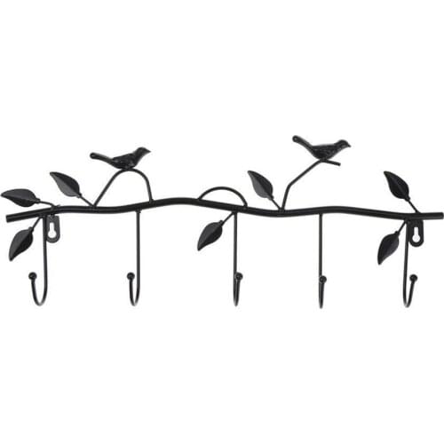 Retro 5 Hook Wrought Iron Bird Hook Hook Bird Shape Leaf Wall Dress Robe Hook Key Coat Holder Cap Hanger