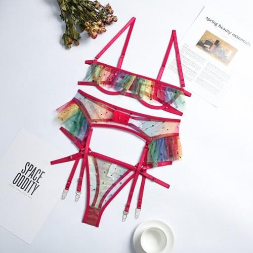 3 Pieces Lace Hollow Sexy Bra and Panties Set Bright Stars Girl Heart Underwear Suit Contrast Sequin Mesh Garters Lingerie Set