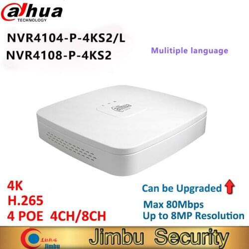 Dahua 4K NVR NVR4104-P-4KS2 NVR4108-P-4KS2 H.265 Video Recorder P2P 4Ch 8Ch 4PoE port Up to 8MP Resolution can be upgrade