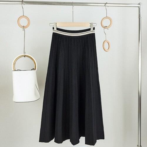 Sherhure 2020 Autumn Knitted Pleated Long Skirts Faldas Jupe Femme Saia Vintage Women High Waist A-Line Black Skirt