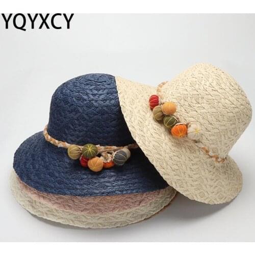 YQYXCY Summer Hats For Women Straw Sun Hat Ladies Wide Brim Pumpkin Rope Chain Beach Sunshade Panama Cap Gorro Bucket Floppy New