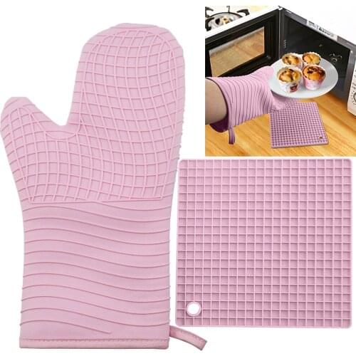 Silicone Oven Mitt & Pot Mat, Non Slip Oven Glove Heat Resistant Pot Holder Flexible Kitchen Mitt for Cooking, Baking, 2 PCS