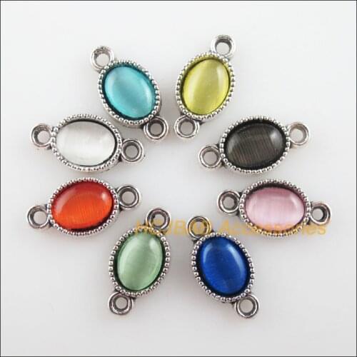 24Pcs New Oval Charms Tibetan Silver Tone Retro Mixed Cat eye Stone Connectors 8.5x16.5mm
