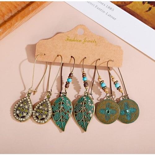 Retro Ethnic Style Pendant Earrings 3-Piece Set Drop Pendant Earrings Luxury Zircon Inlaid Bronze Leaf Shape Earrings 2020 Gifts