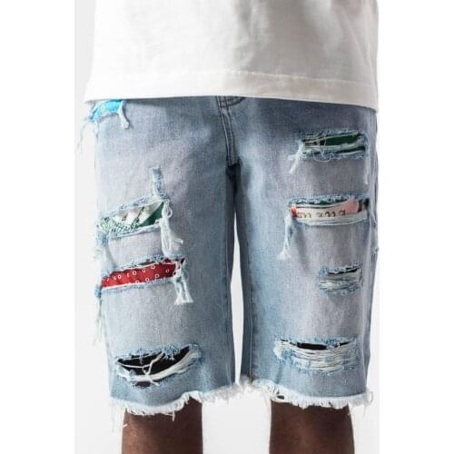 High quality trend wash do old hole patch patch casual loose blue five quarter pants shorts for men and women