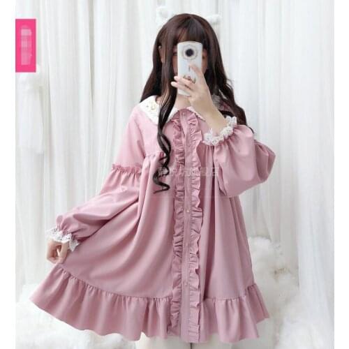 Japanese Lolita OP Tutu Dress Chiffon Long Sleeve Star Kawaii Girl Dress Sweet Cos Loli OP Student Campus Lolita Dress