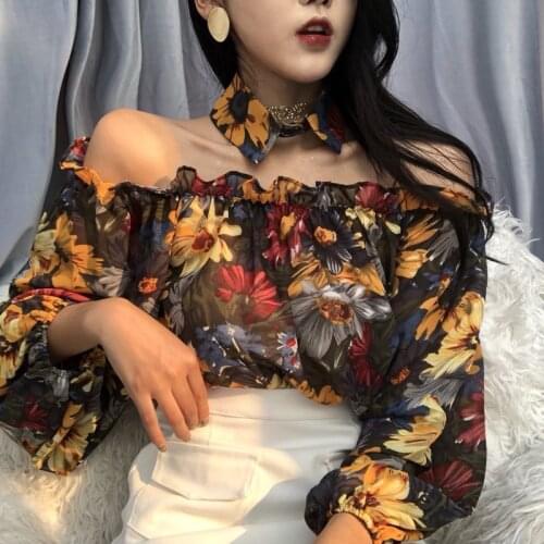 Sexy Slash Neck Off Shoulder Blusas Women 2019 Spring Summer Flower Shirts Long Sleeve Blouse Vintage Lady Tops Chemise