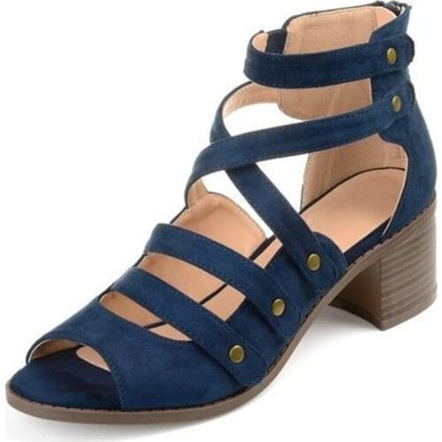 Woman Sandals Shoes 2020 Summer Style Pumps High Heels Thick Peep Toe Zip Fashion Rivet Solid Gladiator Plus Size 35-43