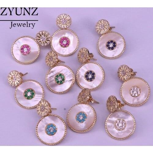 4 Pairs, Gold Color New Round Shell Stud Earrings Cubic-Zircon Studs Charm Women Jewelry
