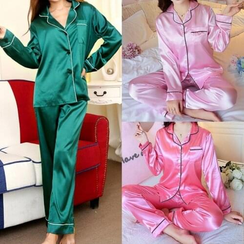 Women Satin & Silk Pajama Set Button Down Long Sleeve Sleepwear & Shorts