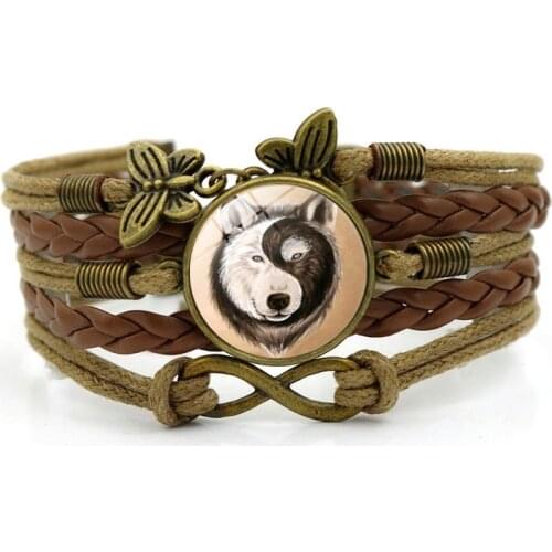 Ying Yang Wolf Photo Charm Bracelets for Women Fashion Glass Cabochon Butterfly Infinity Jewelry Multilayer Leather Bracelet Diy