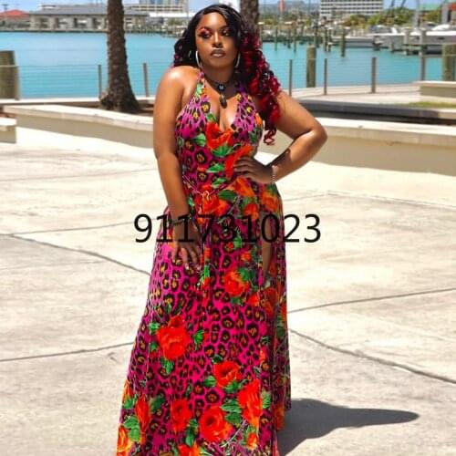 2021 Summer Printing African Women Sleeveless V-neck Polyester Plus Size Long Dress XL-4XL African Dresses for Women