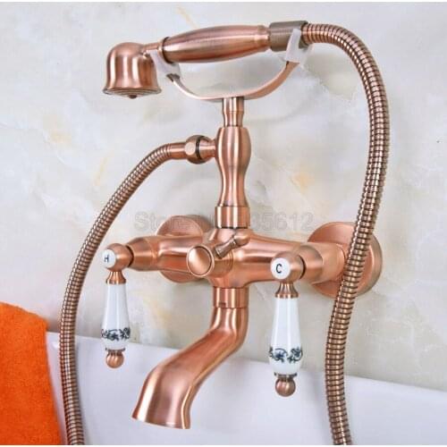 Antique Red Copper Wall Mounted Clawfoot Bathtub Faucet telephone style Bath Shower Water Mixer tap with Handshower tna328