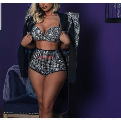 Sparkly Silver Rhinestones Outfit Set Women Singer Dance Bra Short Jacket Wear Nightclub Clothes Black Wear Birthday Outfit Set