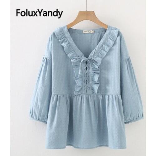 Ruffles Blouse Plus Size Women New 2021 Casual V-neck Loose Three Quarter Sleeve Cotton Summer Blouse XXXL 4XL KKFY5442