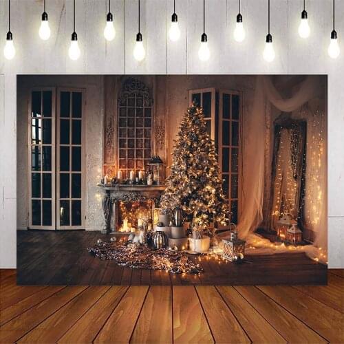 Photography Backdrops Christmas Party Background Cuddle Up Dark Wooden Cozy Cabin Room Backdrops Window Light Tree Gifts Stove