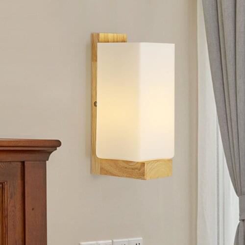 Modern Hotel Bedroom Wood Wall Lamps,Nordic Brief Oak Wood Wall Lights White glass Lampshade Stair Light Sconce Luminaire