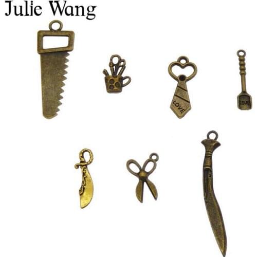 Julie Wang 8PCS Mix Tools Saw Shovel Knife Tie Antique Bronze Alloy Charms For Necklace Pendant Jewelry Making Accessories