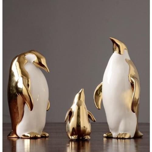 Nordic ceramic Gold penguin figurines a family of three Animal miniature crafts Creative ornaments Home Decoration Accessories