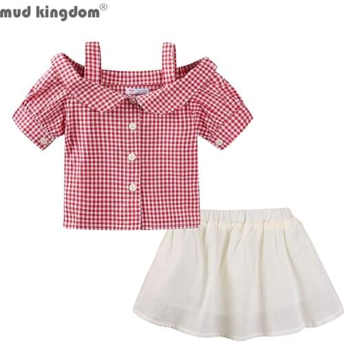 Mudkingdom Summer Girl Outfit Plaid Cold Shoulder Blouse and Linen Skirt Set for Girls Elegant Clothes Set Children Clothing