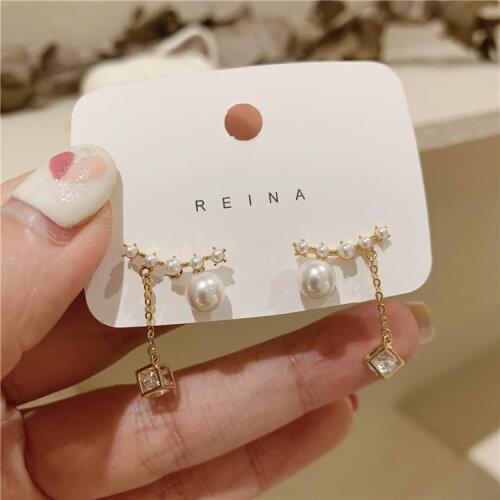Koreannew design fashion jewelry sense copper inlaid zircon square hollow zircon pearl earrings elegant womens daily earrings