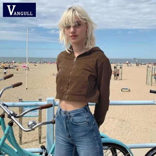 Vangull Retro Brown Zip-up Hoodie Short Ladies Fashion Cropped Spring And Autumn Female Street wear Brown Aesthetics Harajuku